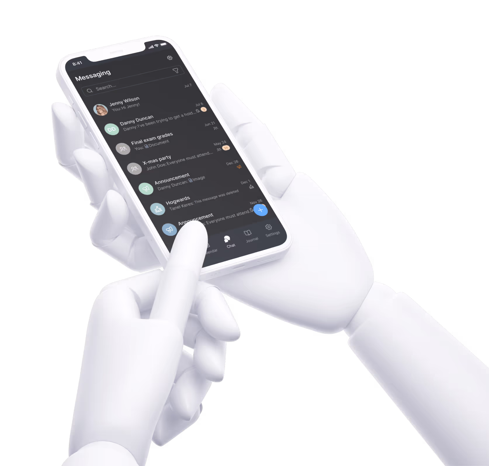 Hands holding phone with messaging app 