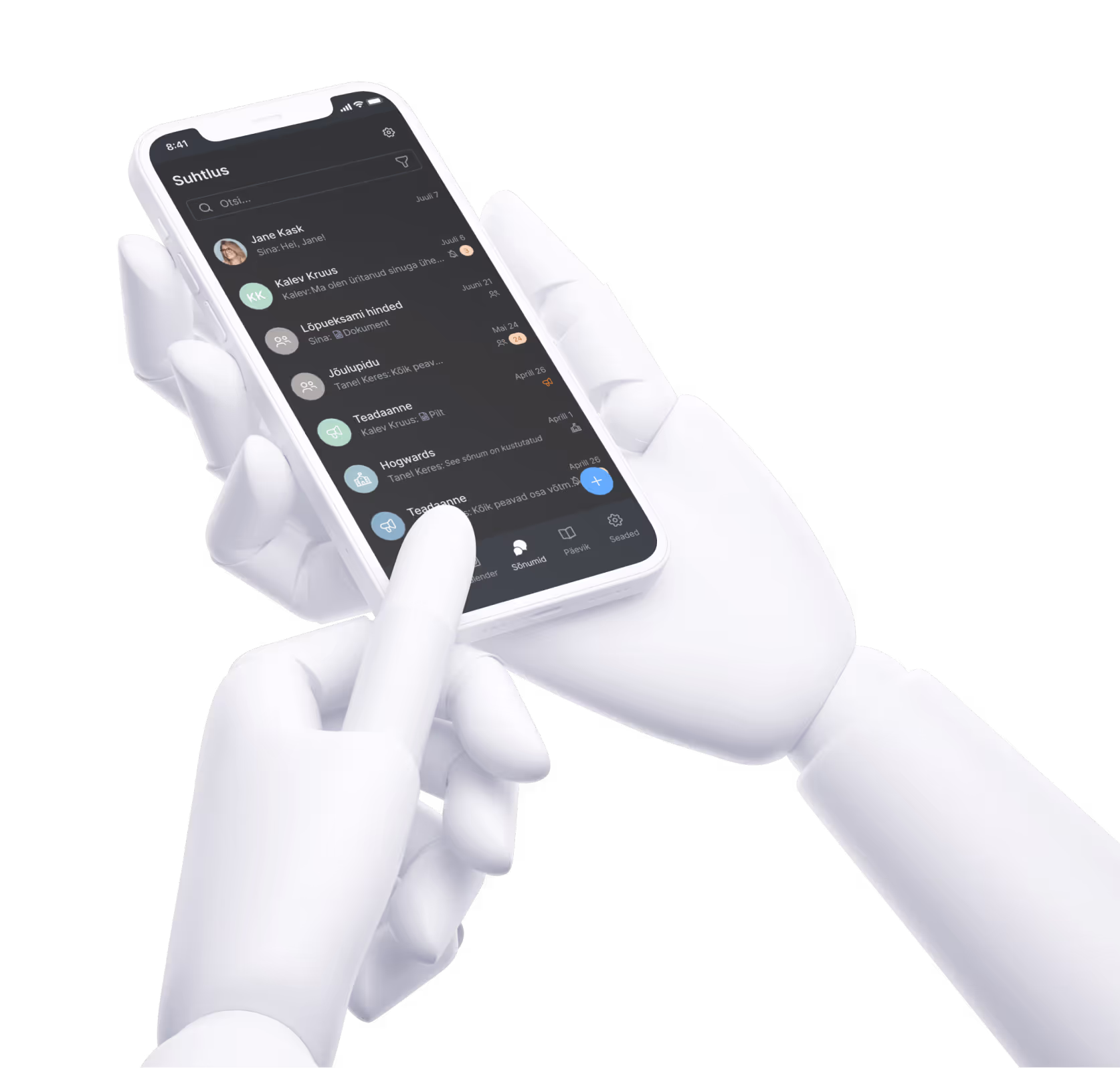 Hands holding phone with messaging app ET